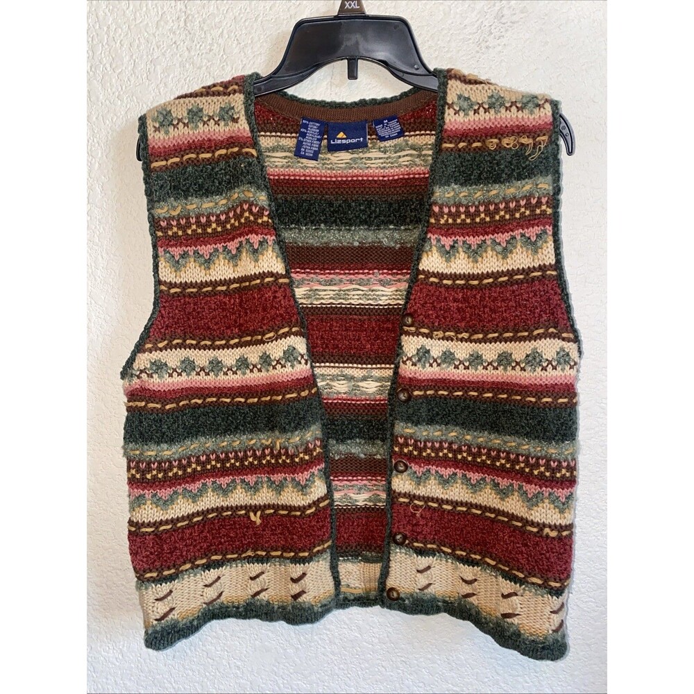 Liz Sport Sweater Vest Cable Knit Fisherman Fair Aisle Nordic 90s Vintage M Boho
